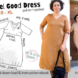 Feel Good Dress semi fitted pull on dress, pockets, empire line, V-neck, short and 3/4 sleeve options A0 A4 & Letter indie PDF  Pattern