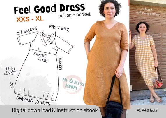 Feel Good Dress Semi Fitted Pull on Dress, Pockets, Empire Line, V-neck,  Short and 3/4 Sleeve Options A0 A4 & Letter Indie PDF Pattern 