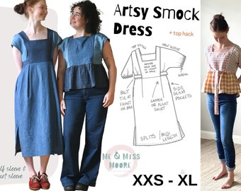 Artsy Smock Dress, pull on women's short & half sleeve, belt, pockets, square neck, side splits, easy pdf sewing pattern in XXS to XL sizes