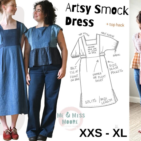 Artsy Smock Dress, pull on women's short & half sleeve, belt, pockets, square neck, side splits, easy pdf sewing pattern in XXS to XL sizes