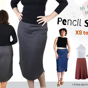 Könnte beinhalten: Ein digitales Schnittmuster für einen Bleistiftrock von Me & Miss Moore, erhältlich in den Größen XS bis 5XL. Das Bild zeigt einen dunkelgrauen Bleistiftrock, einen blauen Bleistiftrock und einen rostfarbenen A-Linien-Rock mit PDF-Anfänger-Label.
