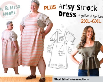 Artsy Smock Dress, PLUS 2XL to 6XL pull on women's short & half sleeve, belt, pockets, square neck, side splits, easy pdf sewing pattern