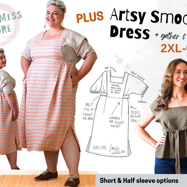 Artsy Smock Dress, PLUS 2XL to 6XL pull on women's short & half sleeve, belt, pockets, square neck, side splits, easy pdf sewing pattern