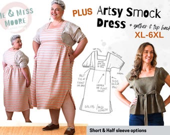 Artsy Smock Dress,  PLUS XL to 6XL, PDF pull on women&#39;s short & half sleeve, belt, pockets, square neck, side splits, easy sewing pattern