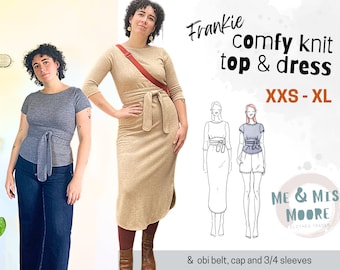 Frankie simple PDF indie knit top and dress with obi belt, sleeve versions, instructions tutorial, XXS-XL