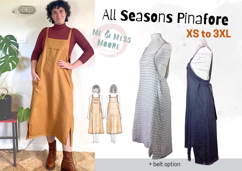 All Seasons Pinafore dress, indie, PDF, sewing pattern with pockets, hem splits, raw edge trim, A0, A4, letter, curvy sizes, plus sizes image 1