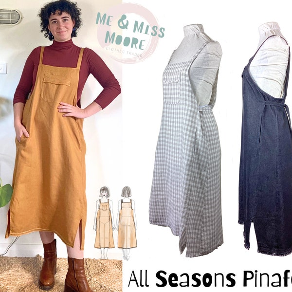 All Seasons Pinafore dress, indie, PDF, sewing pattern with pockets, hem splits, raw edge trim, A0, A4, letter, curvy sizes, plus sizes