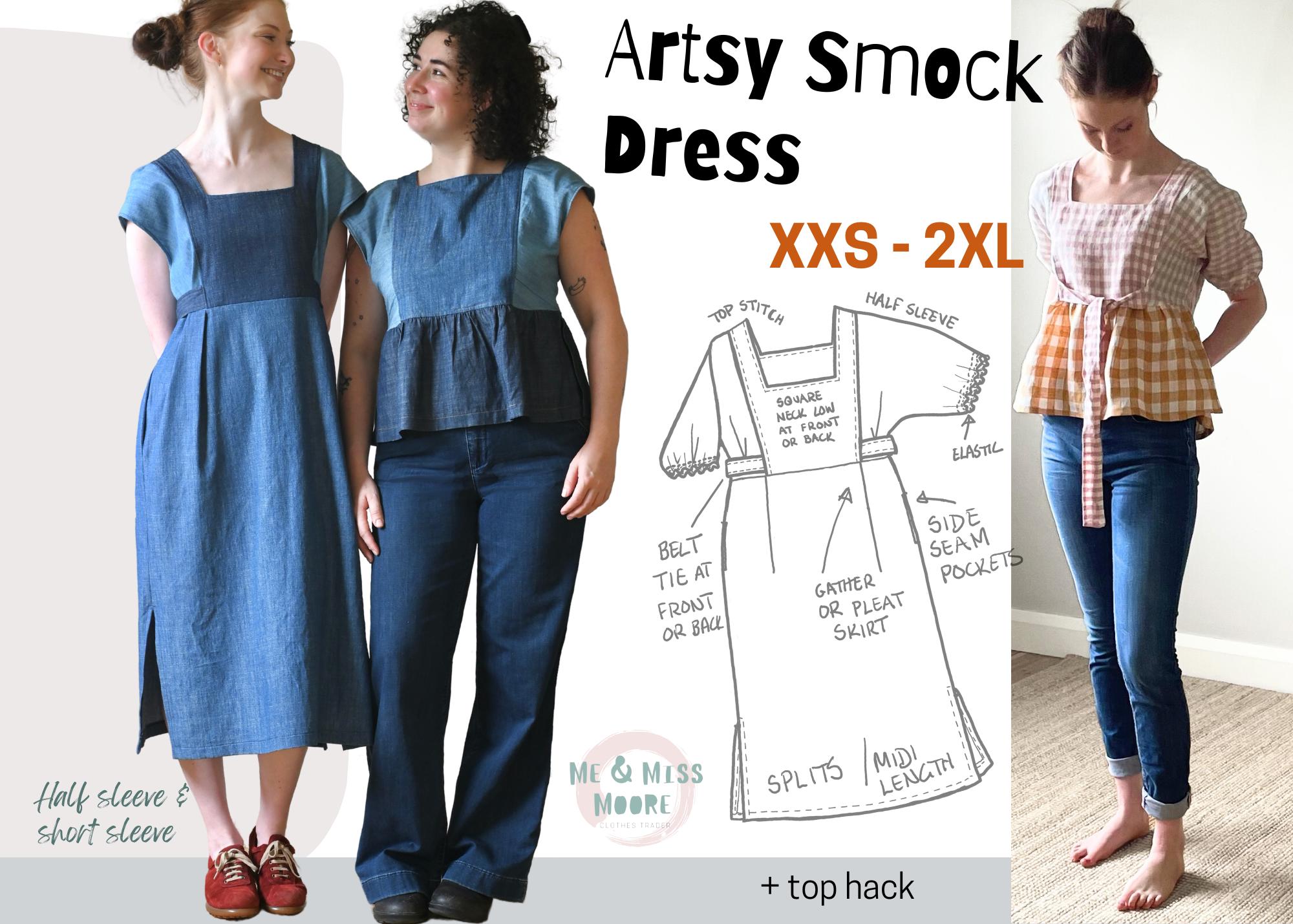 Artsy Smock Dress XXS-2XL, Easy PDF Pattern, Pull on Women's Short
