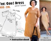 Feel Good Dress PDF Pattern, semi fitted pull on, pockets, empire line, V-neck, short,  3/4 sleeve, A0, A4, Letter XXS - 2XL