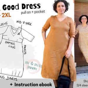 Patrón PDF del vestido Feel Good, semiajustado, bolsillos, corte imperio, escote en pico, corto, manga 3/4, A0, A4, talla XXS - 2XL