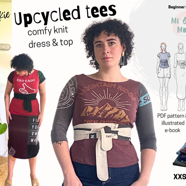 UPCYCLE t-shirt Frankie simple PDF indie knit dress & top with obi belt, sleeve versions, illustrated instruction tutorial XXS-4XL