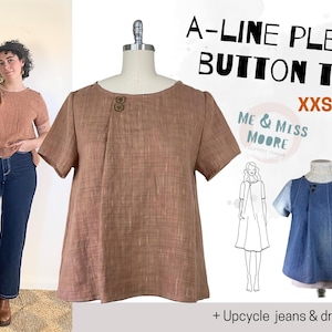 A-LINE BUTTON PLEAT top, cap & long sleeve options and dress hack, pdf sewing pattern with illustrated e-book tutorial, Dress Sewing Pattern