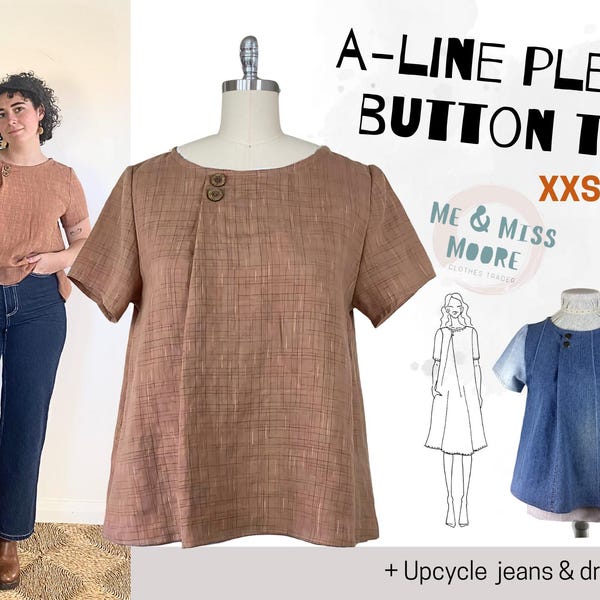 Opciones de blusa, manga corta y manga larga con pliegues y escote tipo A, patrón de costura en PDF con tutorial ilustrado en formato libro electrónico, patrón de costura de vestidos