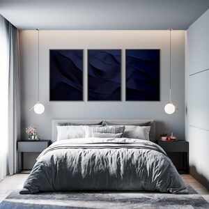 Navy Blue Masculine Wall Art 3 Piece Art Prints, Abstract Male Bedroom Minimalist Decor, Funky Modern Large Contemporary Printable Canvas image 3