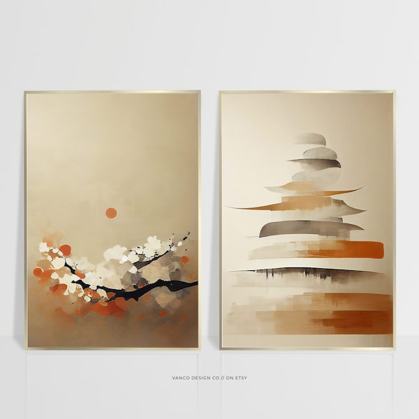 Japandi Style Modern Abstract Wall Art, Set of 2 Neutral Beige Contemporary Living Gallery Decor, Minimalist Japanese Design DIY Prints