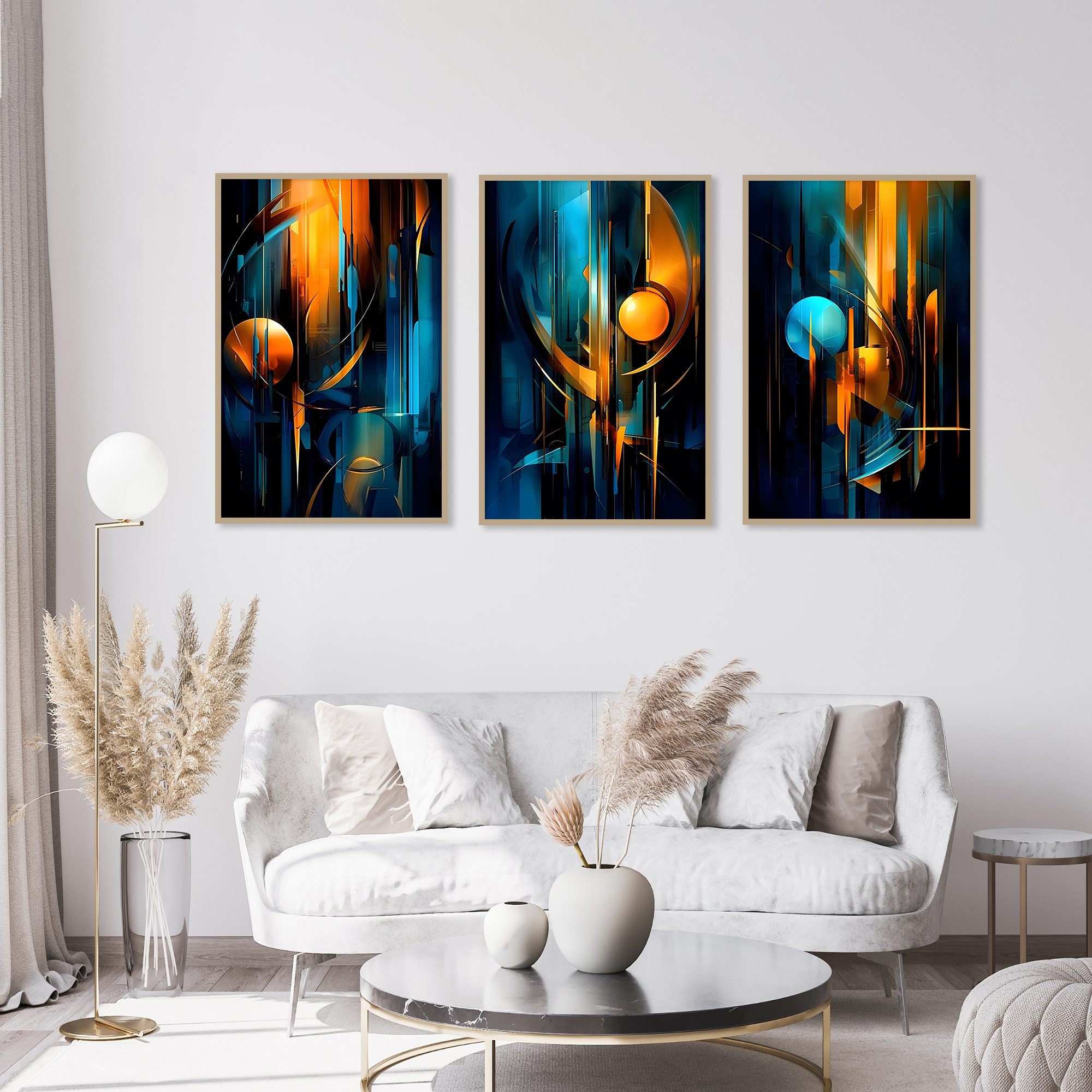 Teal Blue & Orange 3 Piece Wall Art Gallery, Abstract Printable Wall ...