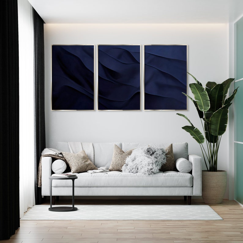Navy Blue Masculine Wall Art 3 Piece Art Prints, Abstract Male Bedroom Minimalist Decor, Funky Modern Large Contemporary Printable Canvas image 6