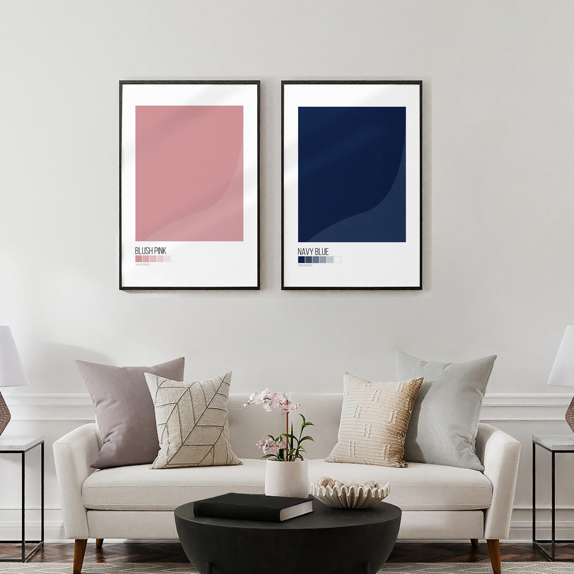 Blush Pink & Navy Blue Set of 2 Wall Art, Color Block Bedroom Living ...