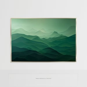 Grüner nebeliger Wald Wand-Kunst-Druck, smaragdgrüne neblige Berge Kunst Landschaft, moderne erdige Natur druckbare moderne Kunstdekor