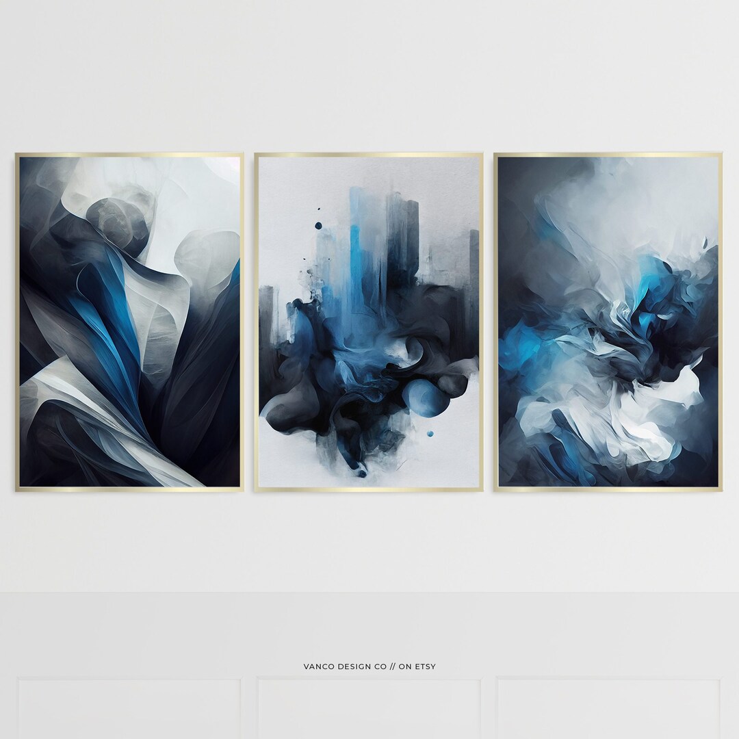 3 Piece Art Prints Navy Blue Wall Art Abstract Wall Art Etsy Australia