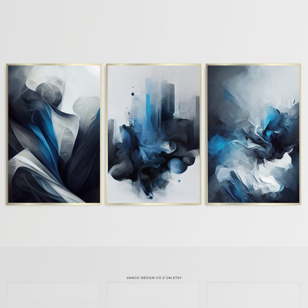 Navy Blue Wall Art 3 Piece Art Prints, Abstract Masculine Paint Brushstroke Design, Modern Contemporary Grey & Indigo Funky Large Canvas Art