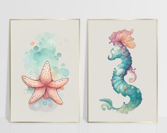 Beach Nursery Wall Art Prints, Under The Sea Gender Neutral Beach Aesthetic Decor, Neutral Watercolor Seahorse Starfish Ocean Colour Palette
