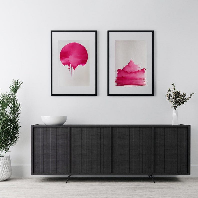 Pink Japandi Style Wall Art Decor Set of 2, Vibrant Minimalist