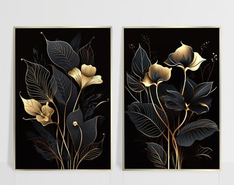 Living Room Decor Modern Wall Art, Elegant Black and Gold Luxury Minimalist Interior Design 2 Piece Set, Dream Home Printable Artwork