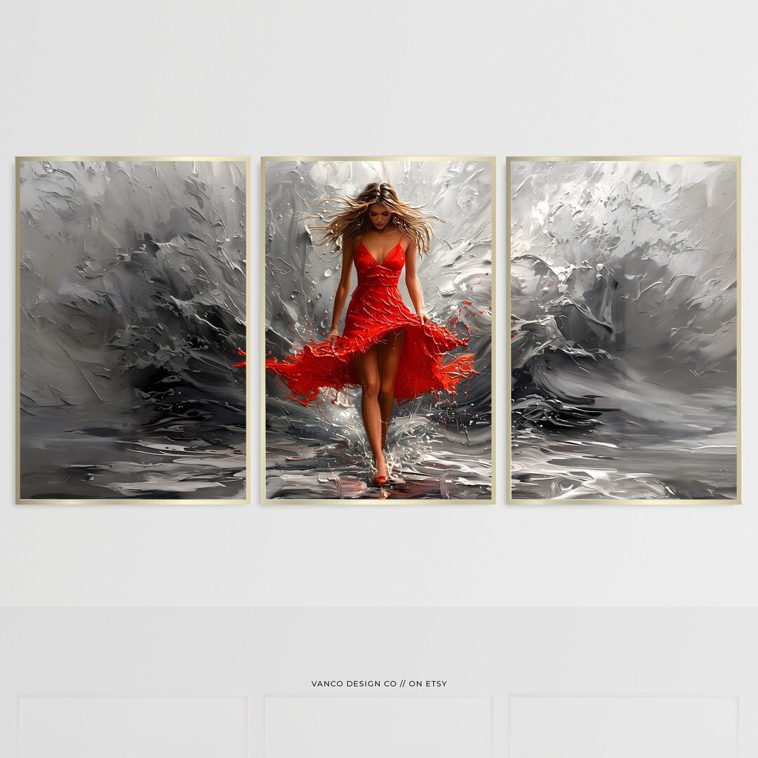 Woman Red Dress Wall Art 3 Piece Art Prints, Textured Abstract ...
