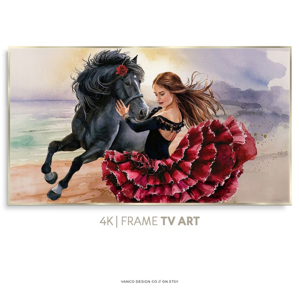 Horse & Dancer FRAME TV Art Samsung, Spanish Flamenco Andalusian Woman Digital Artwork, Equine Beach Watercolor Painting Majestic Wall Art