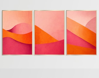 Pink and Orange Wall Art Decor 3 Piece Set, Trendy Wall Art Set of 3 Poster, Abstract Teen Girl Room Decor Funky Wall Art