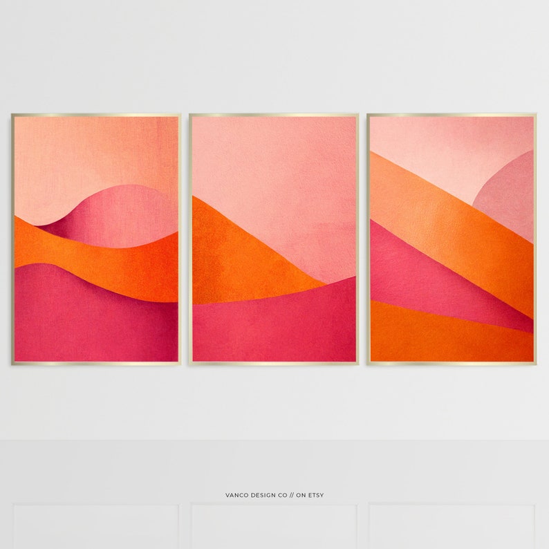 Pink & Orange Trendy Wall Decor Prints Set of 3 Abstract Modern Minimalist Funky Printable Wall Art Digital Download