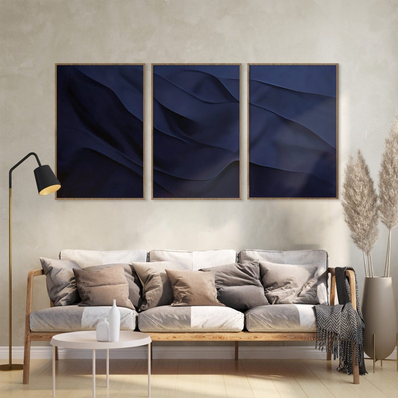 Navy Blue Masculine Wall Art 3 Piece Art Prints, Abstract Male Bedroom Minimalist Decor, Funky Modern Large Contemporary Printable Canvas image 5