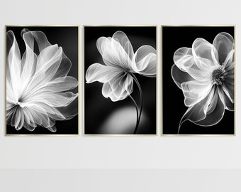 Láminas florales estilo Avedon, fotografía abstracta en blanco y negro, juego de 3 láminas para la pared del salón (descarga digital).