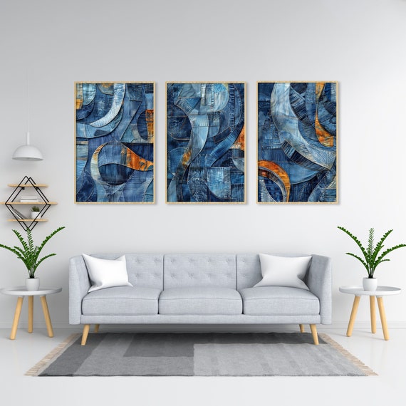 Denim Decor Abstract Wall Art Set of 3 Prints, Blue Jeans Cowgirl