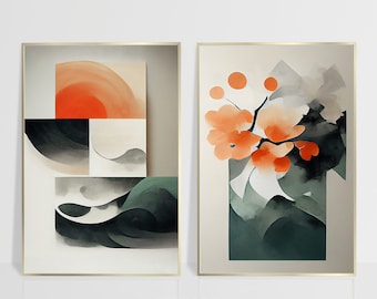 Japandi Wall Decor Neutral Abstract Printable Modern Art, Set of 2 Neutral Beige & Orange Gallery Wall, Simple Minimalist Nordic Prints