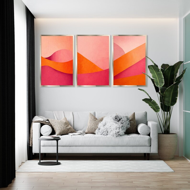 Pink and Orange Wall Art Decor 3 Piece Set, Trendy Wall Art Set of 3 Poster, Abstract Teen Girl Room Decor Funky Wall Art image 4