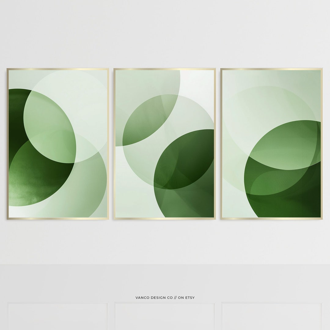 Green Wall Art Set of 3 Printable, Modern Ombre Sage Emerald Forest ...