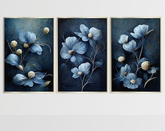 Conjunto de láminas estampadas con motivos florales en azul marino, elegantes láminas botánicas para pared (descarga digital)