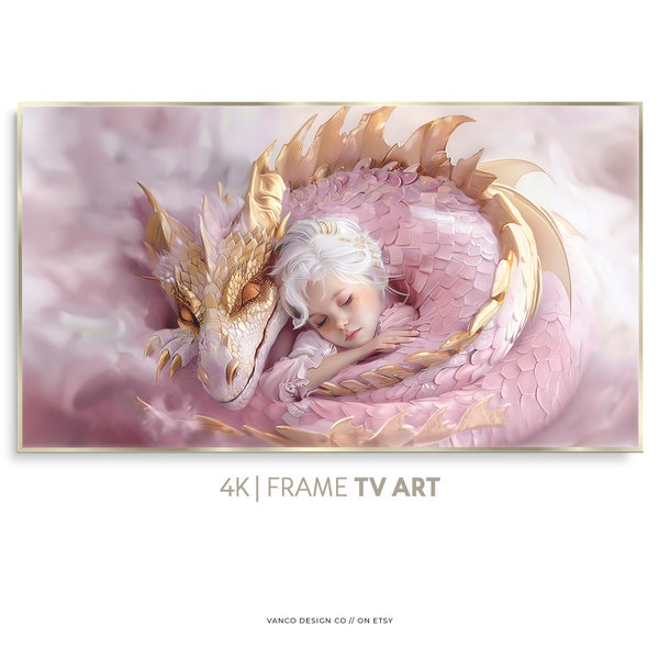 Baby Dragon FRAME TV Art, Cute Sleeping Guardian Digital Artwork for Samsung Kids, Child Girls Nursery Room Fantasy 3D Painting Wall Art