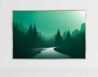 Foggy Forest Wall Art Print, Emerald Green Decor Forest Printable, Misty Mountains Landscape Art, Evergreen Pine Forest Mountain Poster