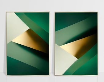 May include: Two abstract art prints with geometric shapes in shades of green and gold. The prints are framed in a thin gold frame.