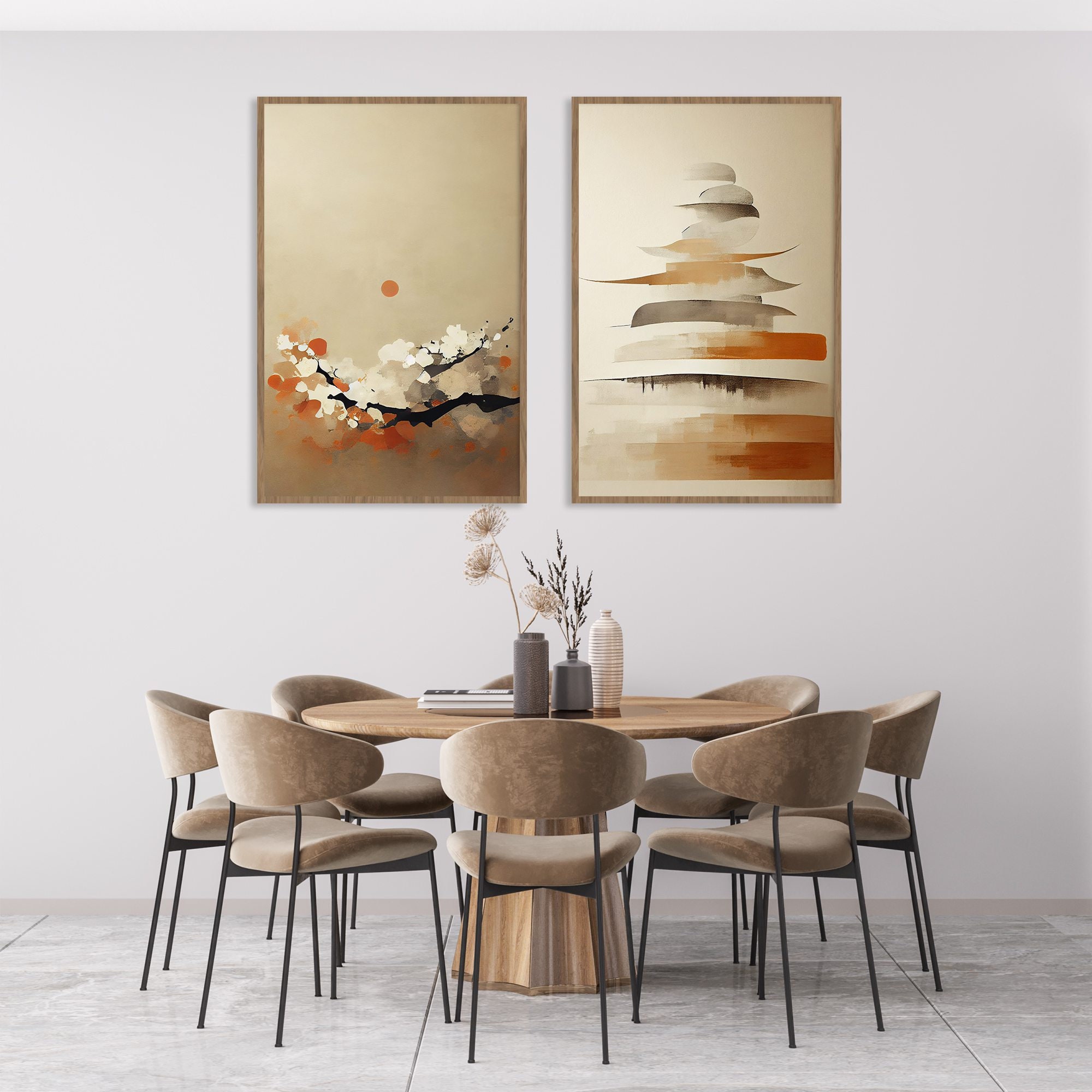 Japandi Style Modern Abstract Wall Art, Set of 2 Neutral Beige ...