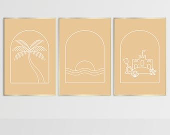 Palm Beach Nursery Wall Art, Boho Surf Set of 3 Prints, Boy Nursery Sandy Neutral Colour Palette, Pastel Aesthetic Gallery Childs Room Decor