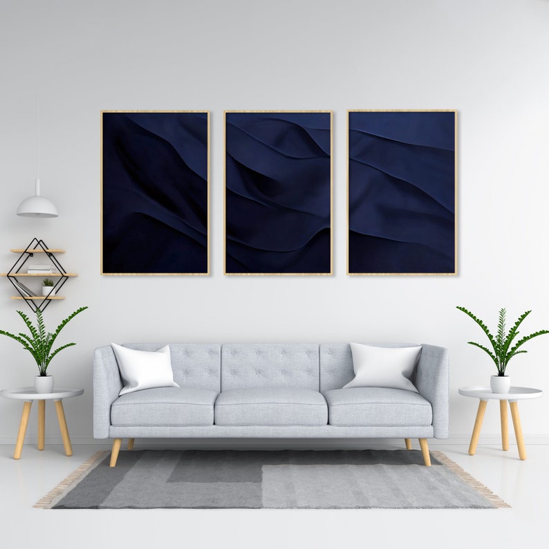 Navy Blue Masculine Wall Art 3 Piece Art Prints, Abstract Male Bedroom Minimalist Decor, Funky Modern Large Contemporary Printable Canvas image 4
