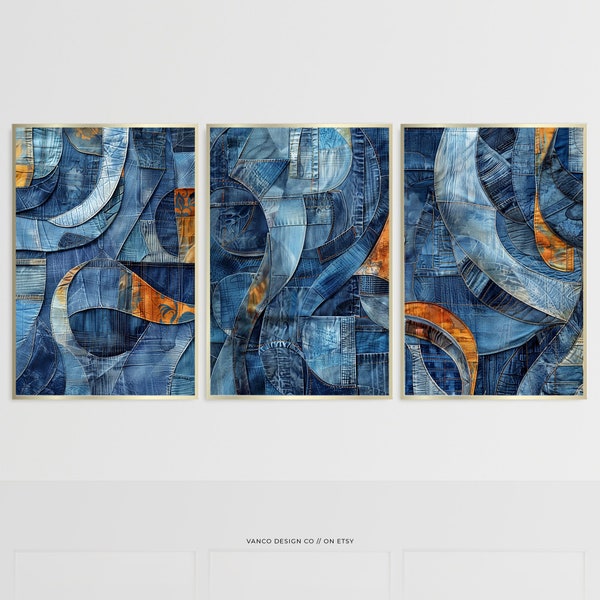 Denim Decor Abstract Wall Art Set of 3 Prints, Blue Jeans Cowgirl Triptych Canvas, Western Cowboy Retro Room Poster, Denim Fabric Printable