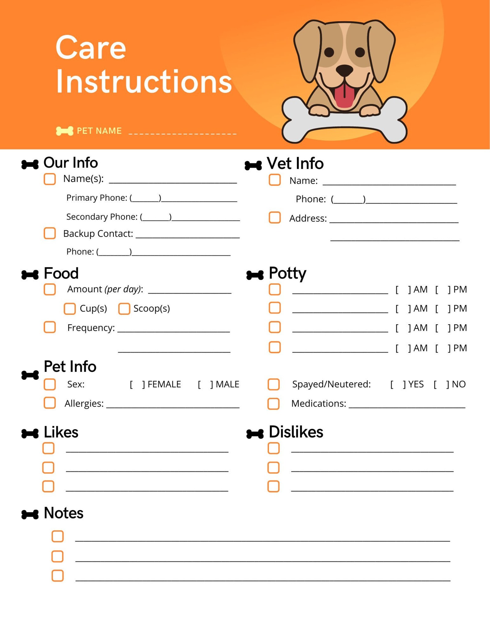 Printable Pet Sitter Info Sheet, Fillable Pet Planner, Pet Care Planner, Pet Sitter Notes - Etsy