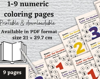 9 Printable Numbers Coloring Pages, Coloring Page, Preschool Activities, Prek Worksheets, Homeschool Printable, Coloring book pdf.