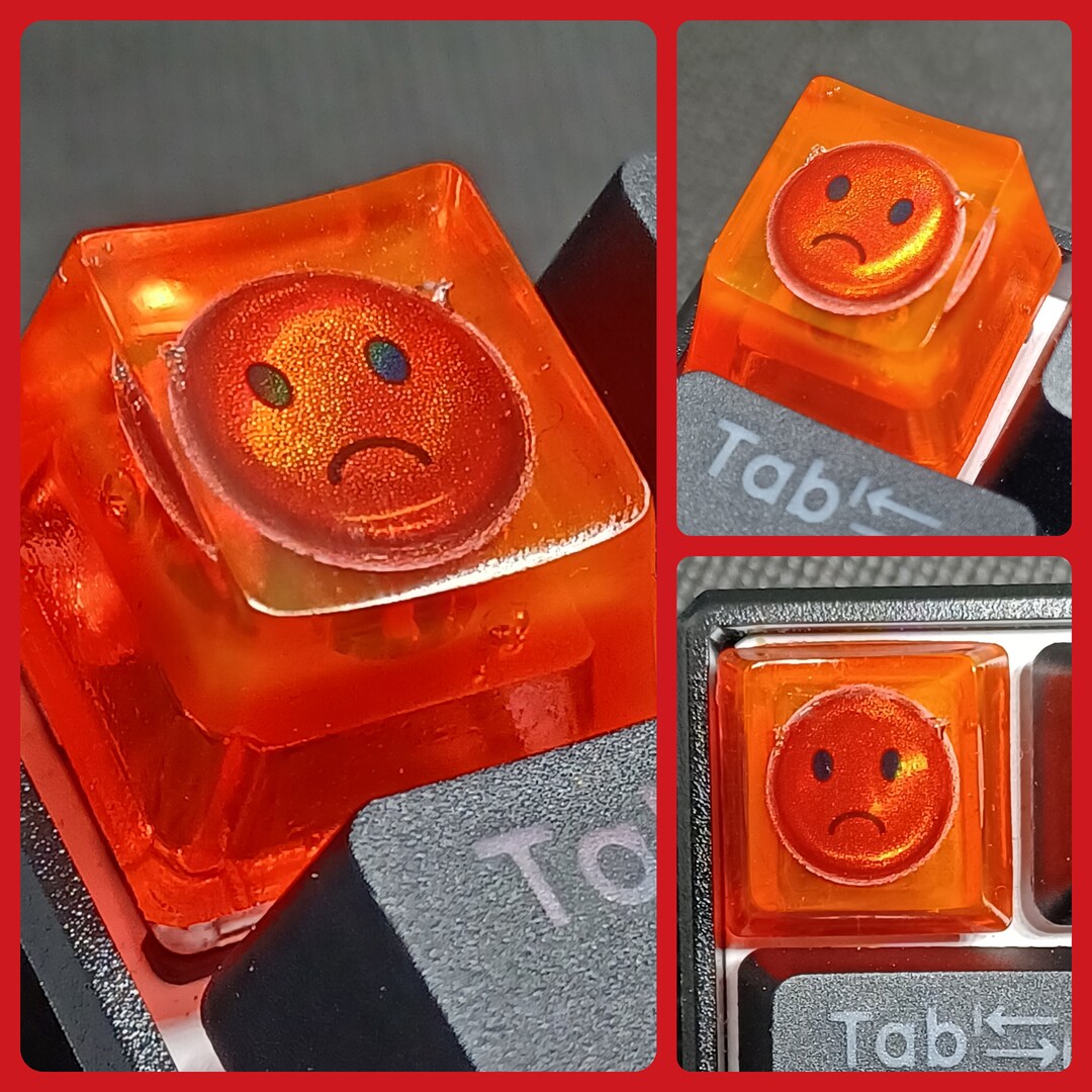 Sad Face Emoji Keycap Transparent Red RGB Holographic Sticker Handmade ...