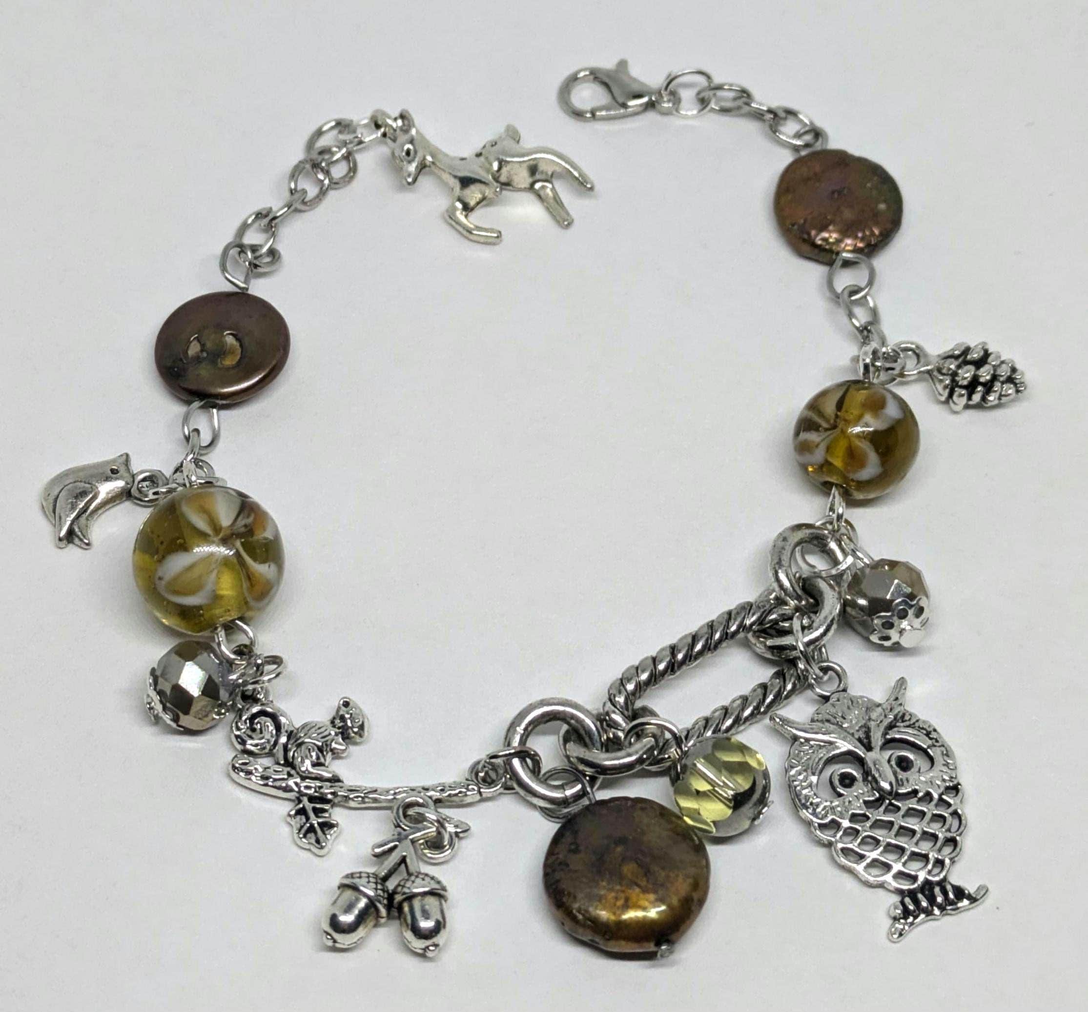 Woodland Wonders Owl Charm Bracelet: Forest Tree Silver Metal Squirrel, Deer, Brown Tan Lampwork Bea